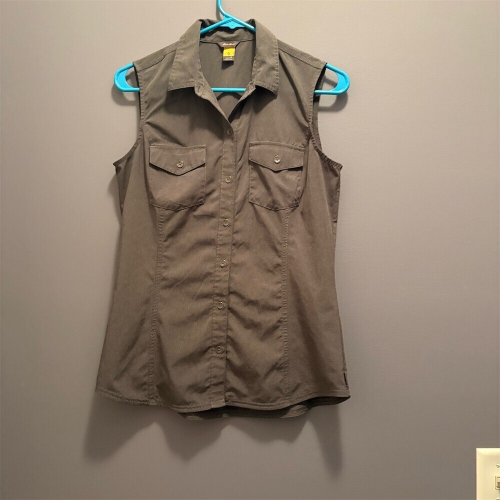 Eddie Bauer Blouse Womens Size S Dark Gray Sleeveless Button Front Pockets